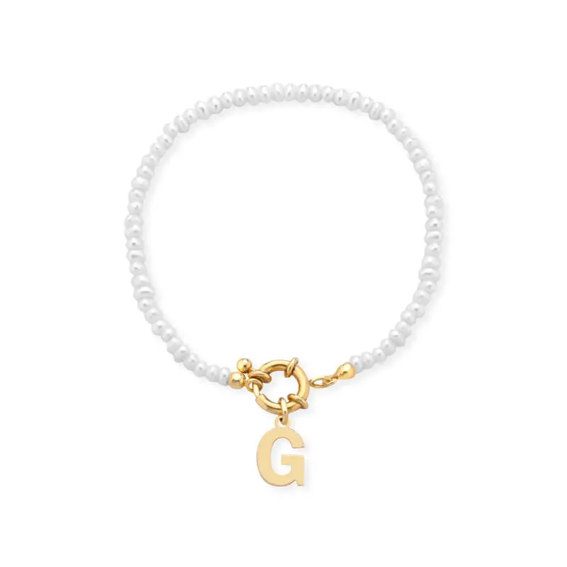 Bracciale Mediterraneo Donna con Perle e Iniziale in Argento 925 Dorato e Bianco