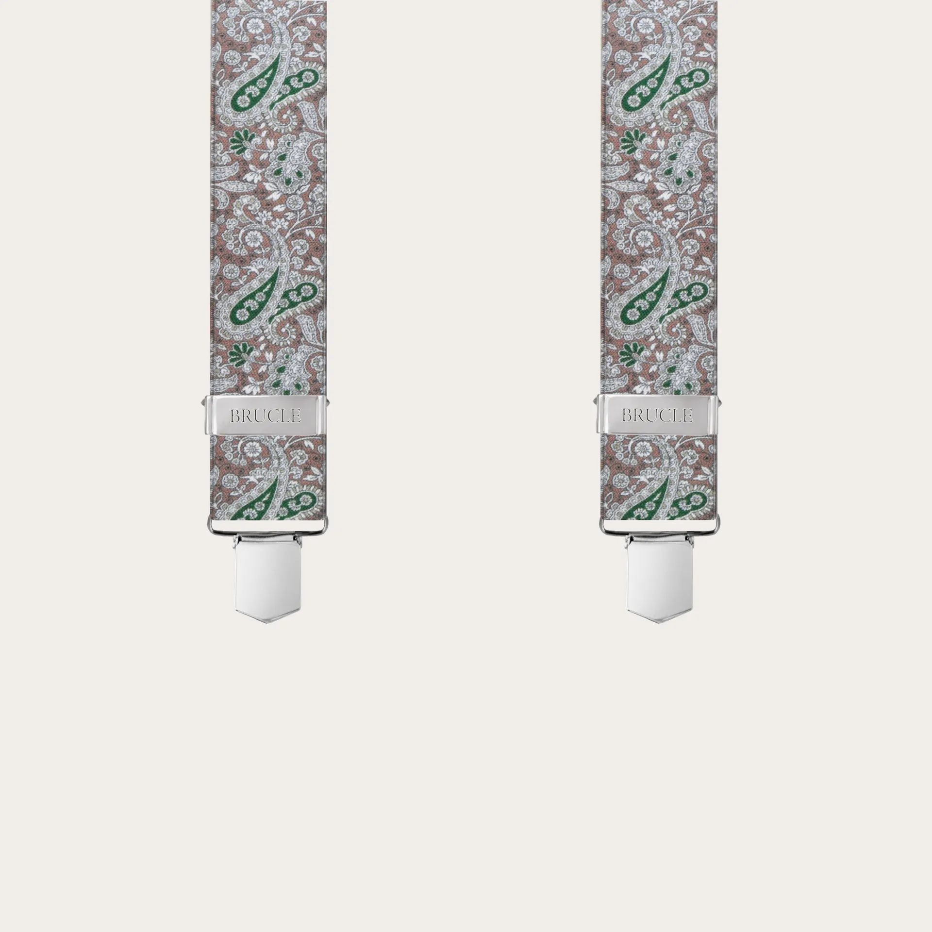 Bretelle unisex a X effetto raso, fantasia cachemire marrone e verde