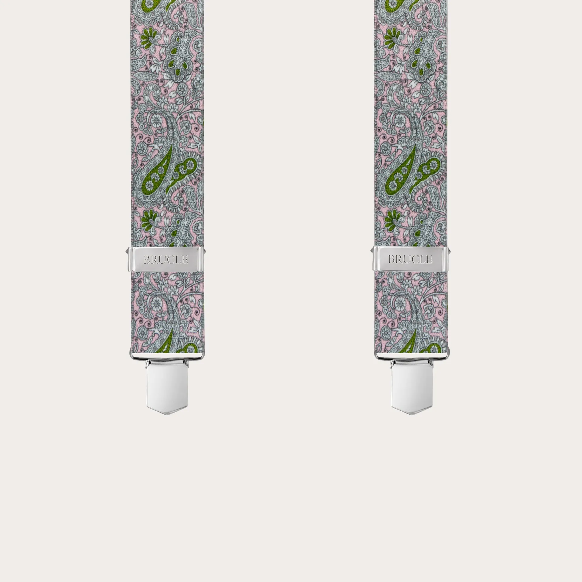 Bretelle unisex a X effetto raso, fantasia cachemire rosa e verde