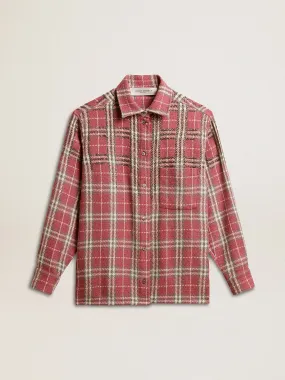 Camicia da donna con ricamo a quadretti color rosa sabbia e grigio