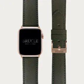Cinturino verde militare in pelle stampa Saffiano per orologio, Apple Watch e Samsung Galaxy Watch