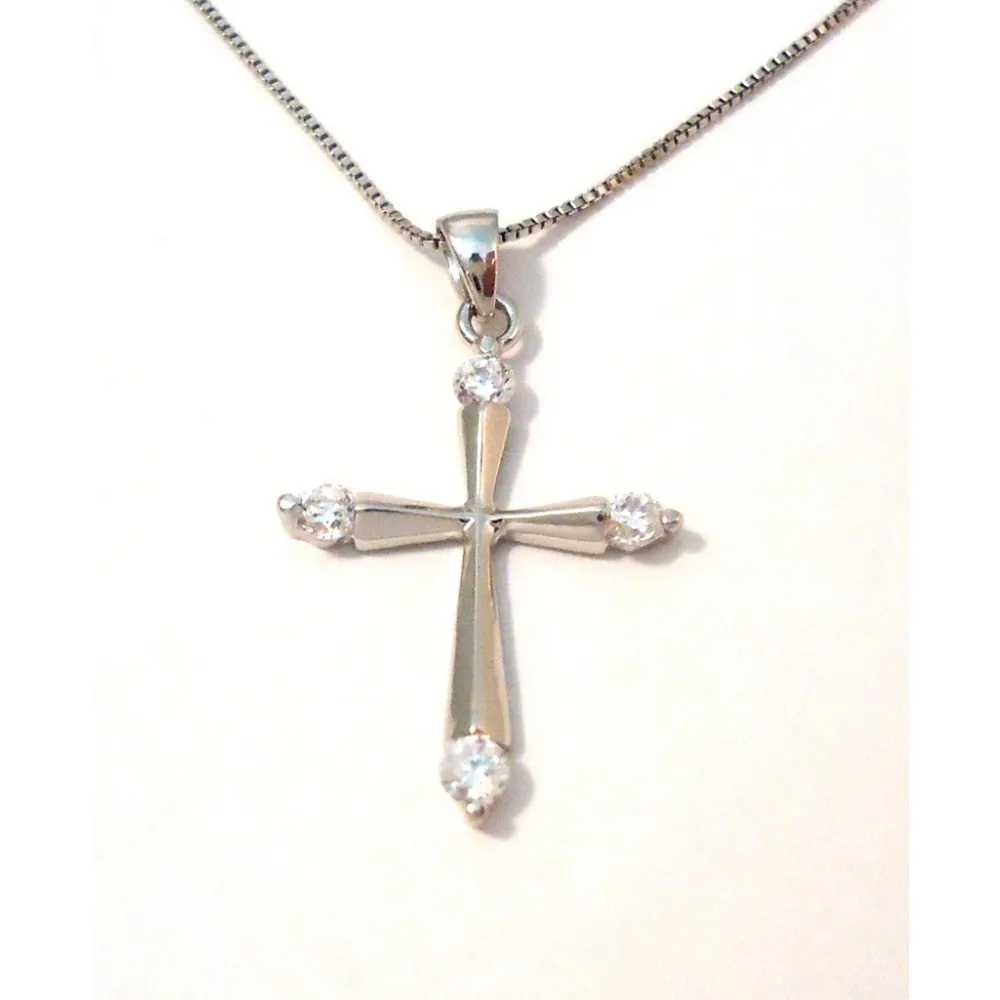 COLLANA CON CROCE IN ARGENTO RODIATO ORO BIANCO 18 KT E ZIRCONI