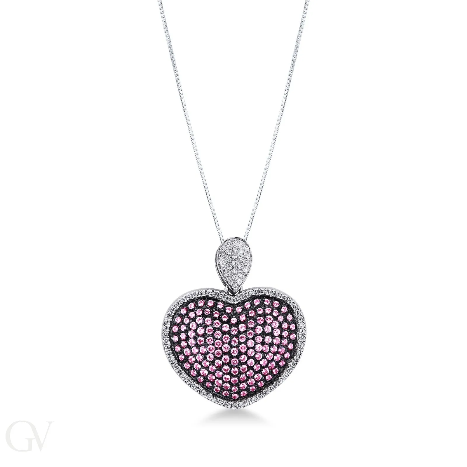 Collana in oro bianco 18k e ciondolo a cuore con pavè in zaffiri rosa e diamanti, punte brunite