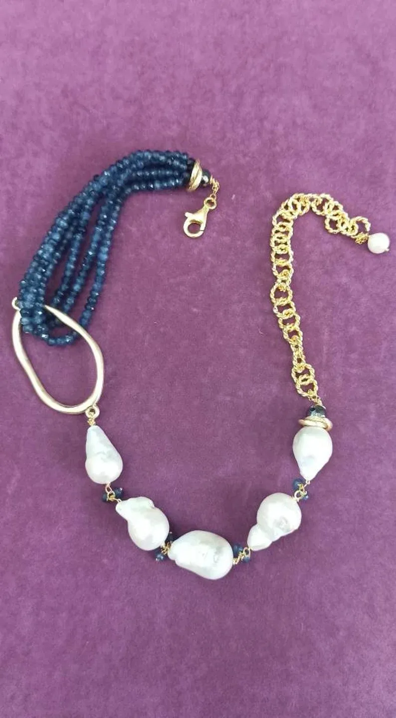 Collana Multifilo con Agata Blu e Perle Barocche