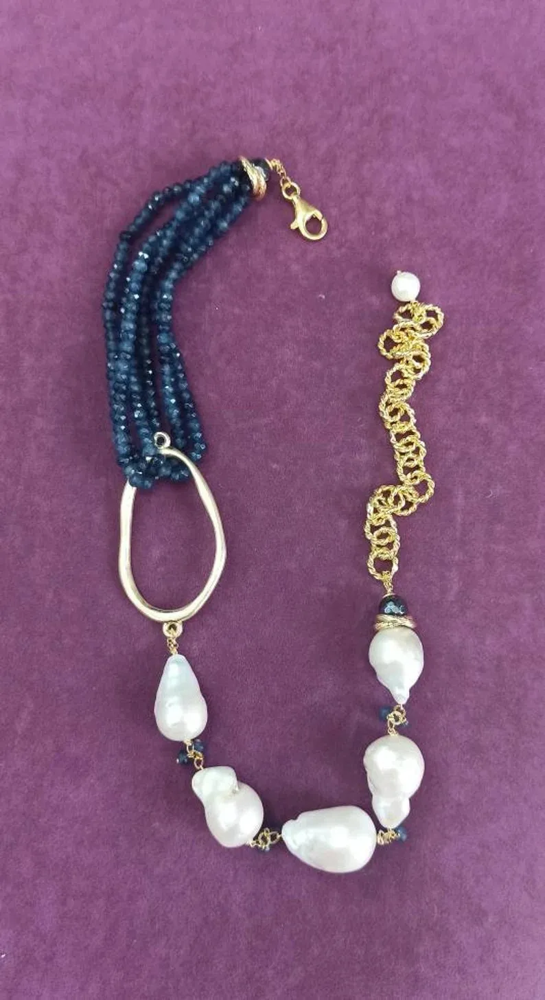 Collana Multifilo con Agata Blu e Perle Barocche