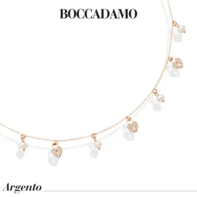 Collana placcata oro rosa con cuori di zirconi e freshwater pearls    