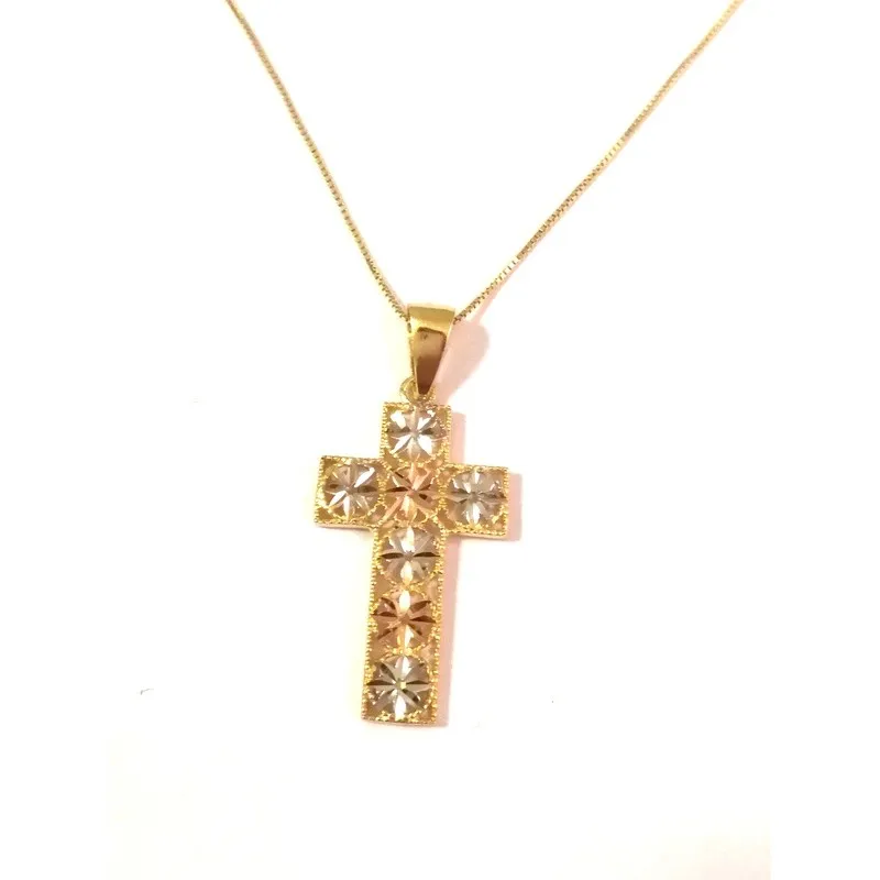 COLLANA UNISEX CON CROCE IN ORO GIALLO ROSA E BIANCO 9K