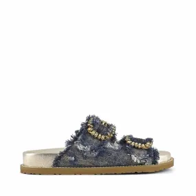 Coral Blue birkenstock slide doppia fascia gioiello denim sfangiato