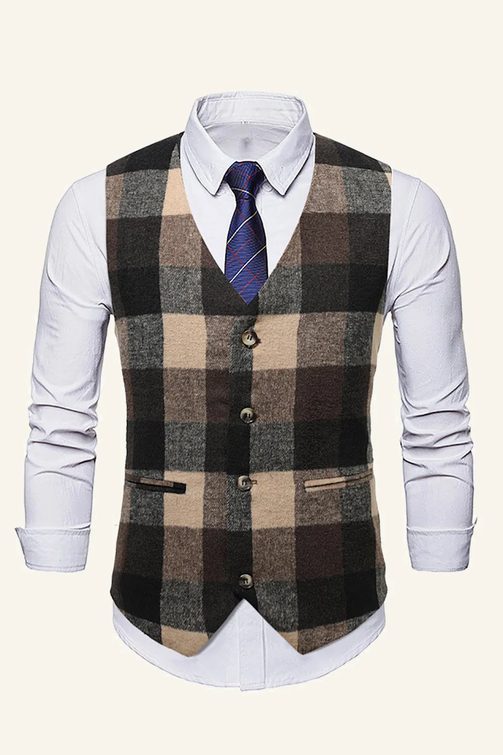 Gilet a quadri abito da uomo con rever marrone