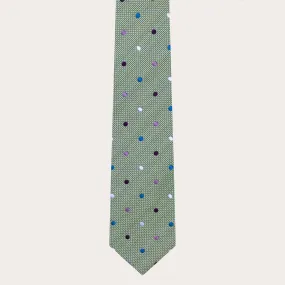 Raffinata cravatta in seta jacquard, verde con pois multicolor