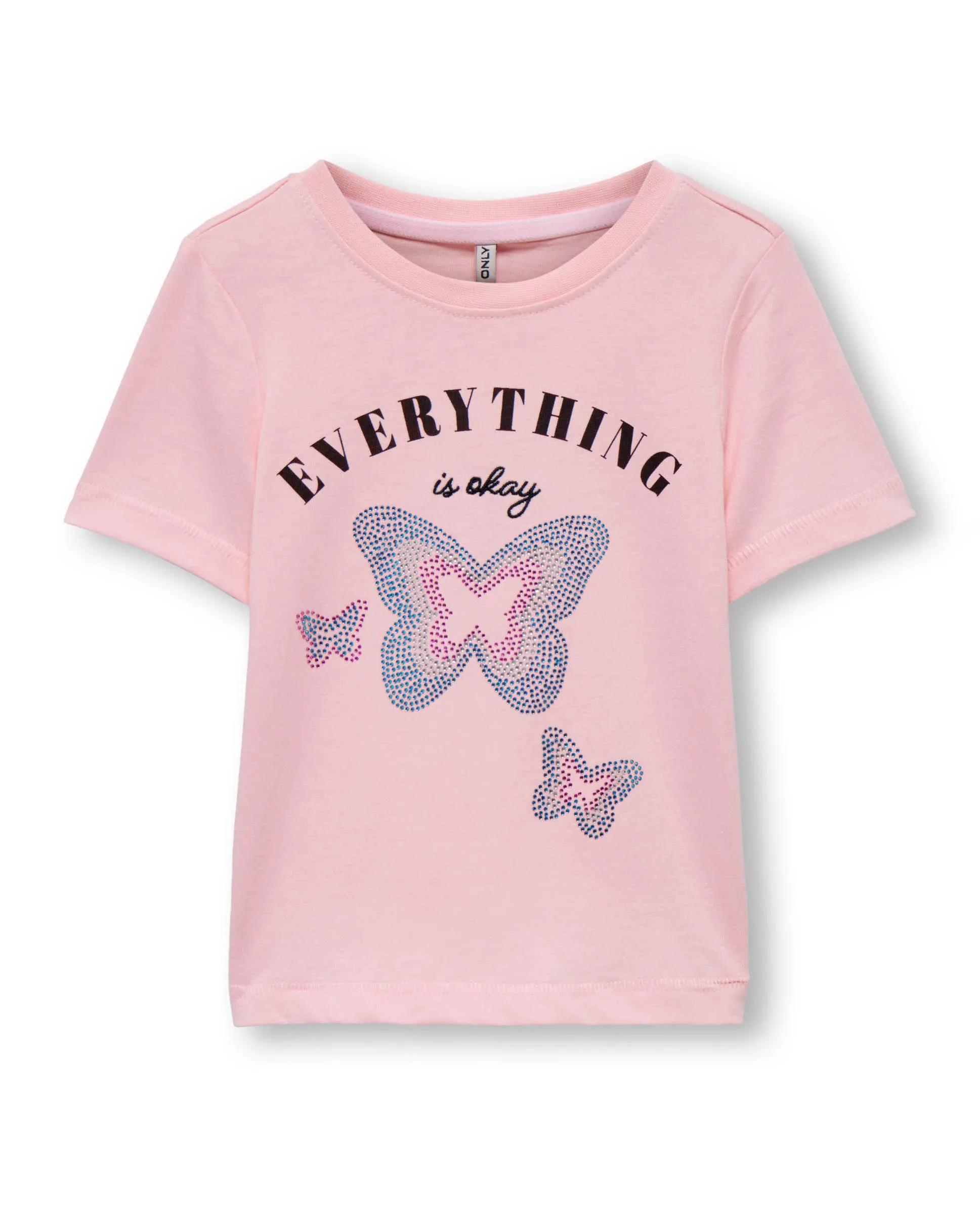 T-shirt rosa in cotone con maxi farfalle in strass multicolor sul davanti e scritta sul petto 2-7 anni