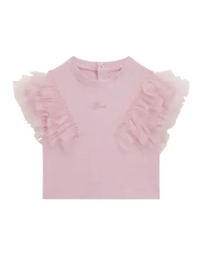 T-shirt rosa in cotone stretch con maniche corte in tulle 3-7 anni