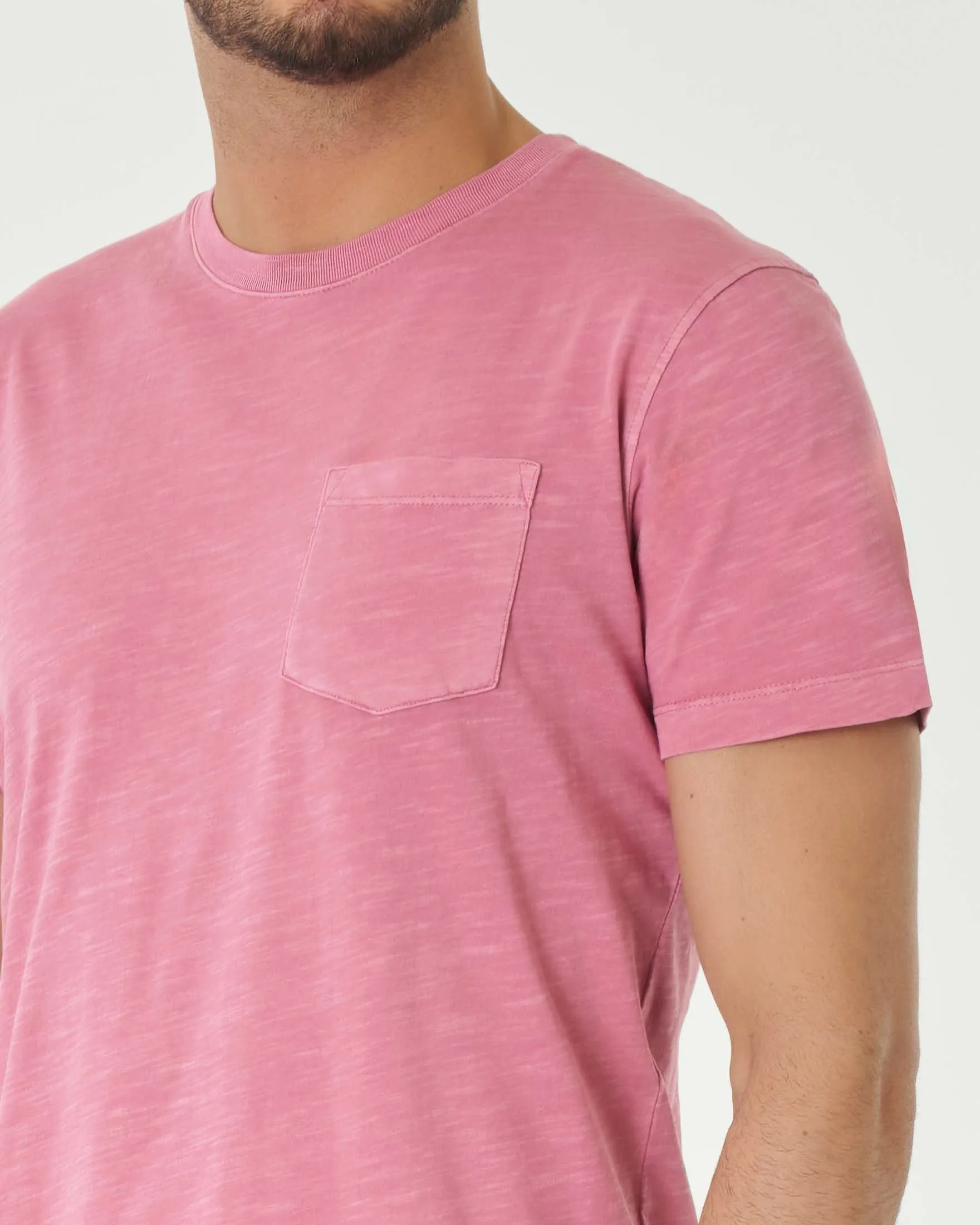 T-shirt rosa mezza manica in cotone fiammato con taschino al petto