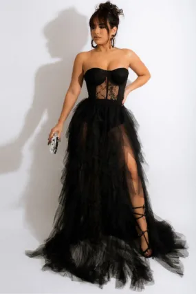 Tulle Sweetheart nero abito da ballo con fessura